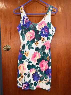 Sleeveless Floral Mini Dress in White with Pink & Purple Roses